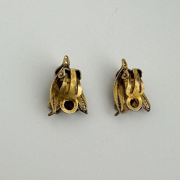 Vintage Vermeil Filigree Flowers Clip On Earrings Silver Gold Cannetille 7/8" L - Picture 8 of 15